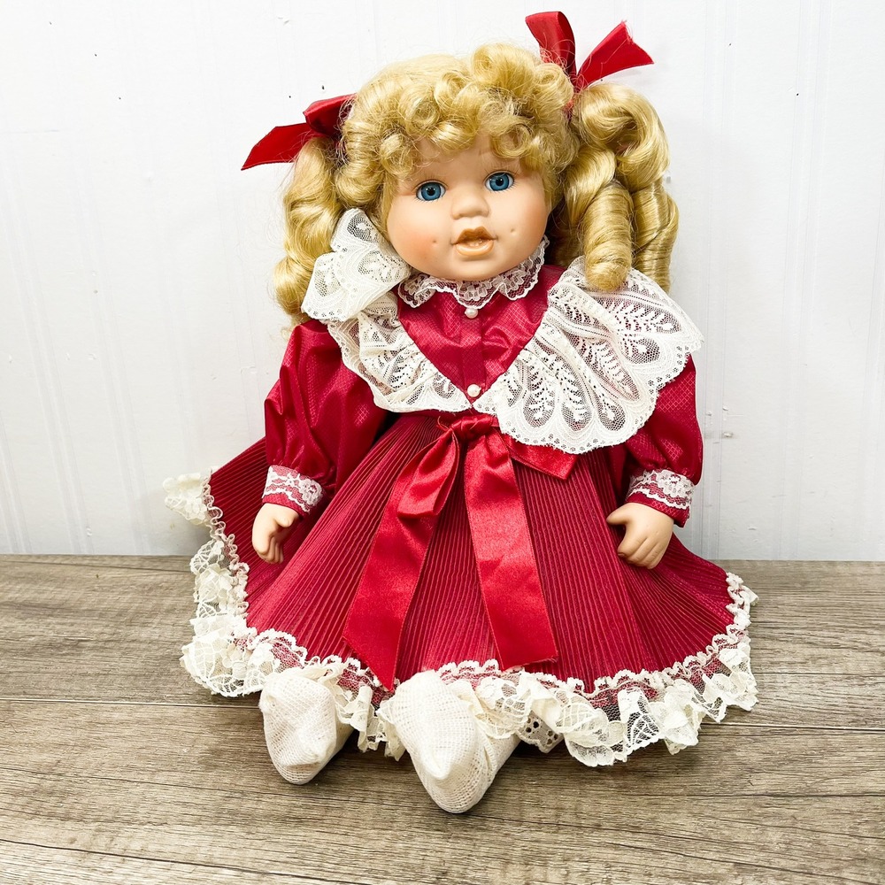 Vintage Porcelain Doll Blonde Curls Blue Eyes Burgundy Lace Dress